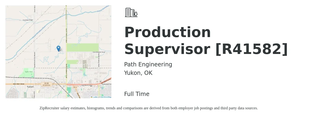 Path Engineering job posting for a Production Supervisor [R41582] in Yukon, OK with a salary of $47,200 to $67,900 Yearly with a map of Yukon location.