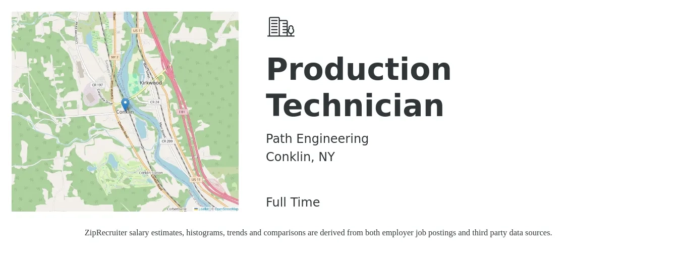 Path Engineering job posting for a Production Technician in Conklin, NY with a salary of $22 to $24 Hourly with a map of Conklin location.