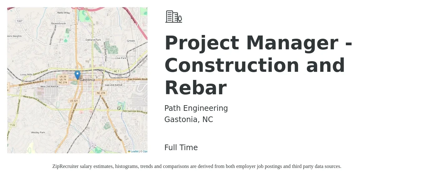 Path Engineering job posting for a Project Manager - Construction and Rebar in Gastonia, NC with a salary of $68,500 to $108,700 Yearly with a map of Gastonia location.