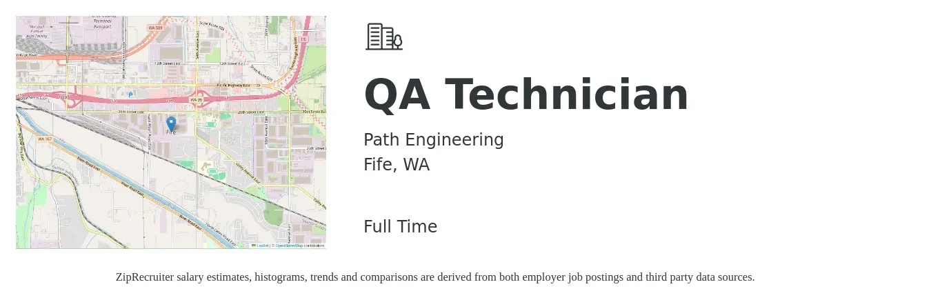 Path Engineering job posting for a QA Technician in Fife, WA with a salary of $20 to $27 Hourly with a map of Fife location.