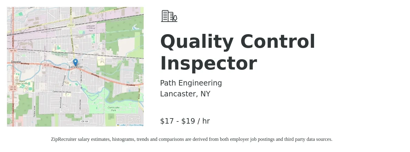 Path Engineering job posting for a Quality Control Inspector in Lancaster, NY with a salary of $18 to $20 Hourly with a map of Lancaster location.
