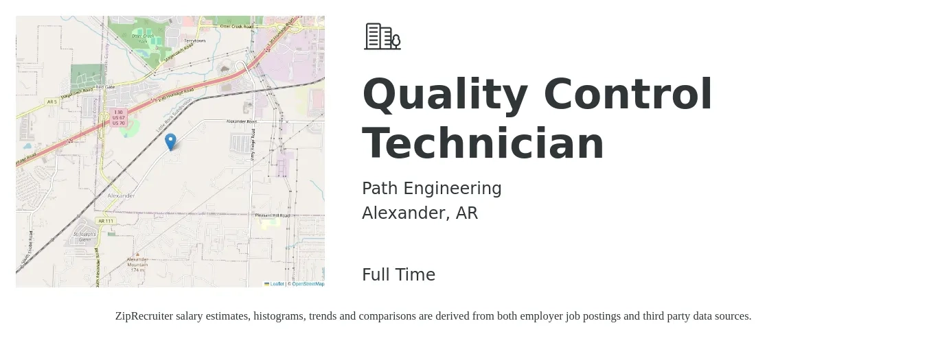 Path Engineering job posting for a Quality Control Technician in Alexander, AR with a salary of $18 to $22 Hourly with a map of Alexander location.
