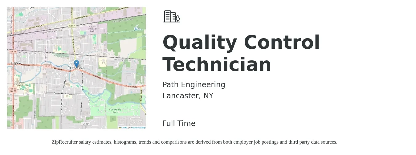 Path Engineering job posting for a Quality Control Technician in Lancaster, NY with a salary of $20 to $25 Hourly with a map of Lancaster location.