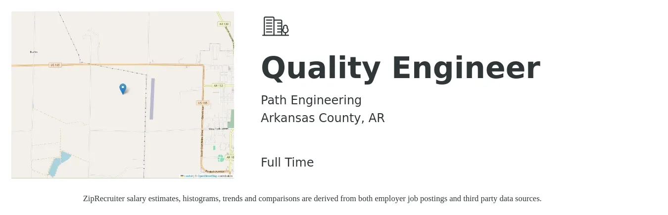 Path Engineering job posting for a Quality Engineer in Arkansas County, AR with a salary of $66,200 to $85,600 Yearly with a map of Arkansas County location.