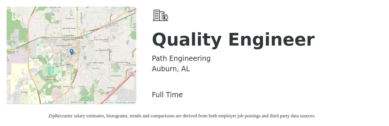 Path Engineering job posting for a Quality Engineer in Auburn, AL with a salary of $60,200 to $77,700 Yearly with a map of Auburn location.