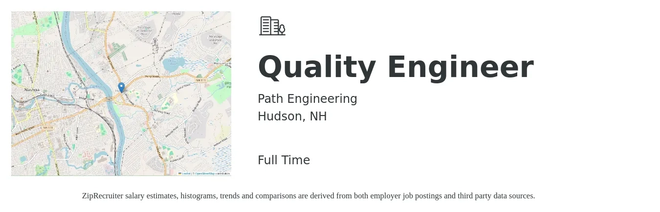 Path Engineering job posting for a Quality Engineer in Hudson, NH with a salary of $72,800 to $94,000 Yearly with a map of Hudson location.