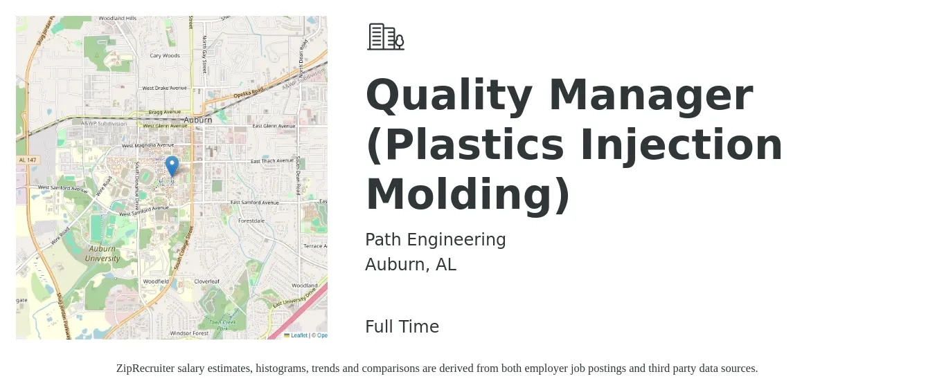 Path Engineering job posting for a Quality Manager (Plastics Injection Molding) in Auburn, AL with a salary of $58,900 to $91,900 Yearly with a map of Auburn location.