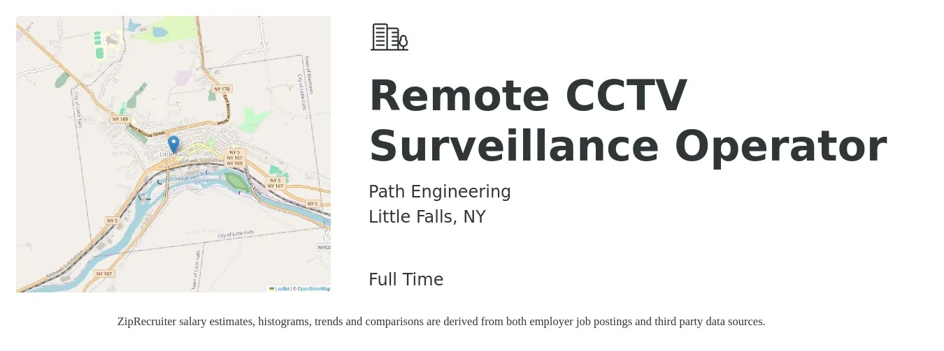 Path Engineering job posting for a Remote CCTV Surveillance Operator in Little Falls, NY with a salary of $17 to $22 Hourly with a map of Little Falls location.