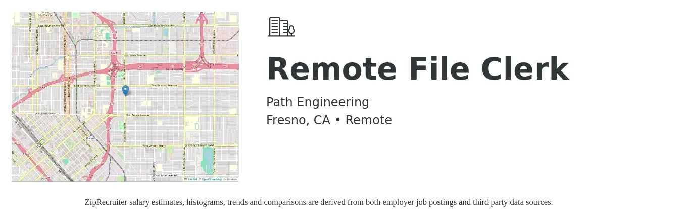 Path Engineering job posting for a Remote File Clerk in Fresno, CA with a salary of $16 to $20 Hourly with a map of Fresno location.