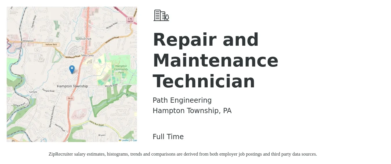 Path Engineering job posting for a Repair and Maintenance Technician in Hampton Township, PA with a salary of $18 to $25 Hourly with a map of Hampton Township location.