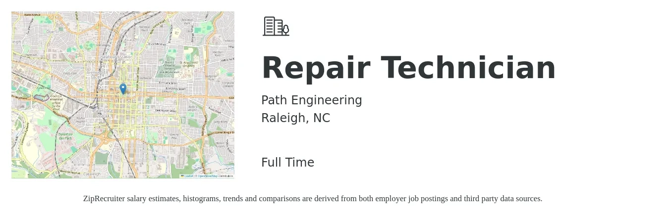Path Engineering job posting for a Repair Technician in Raleigh, NC with a salary of $18 to $24 Hourly with a map of Raleigh location.