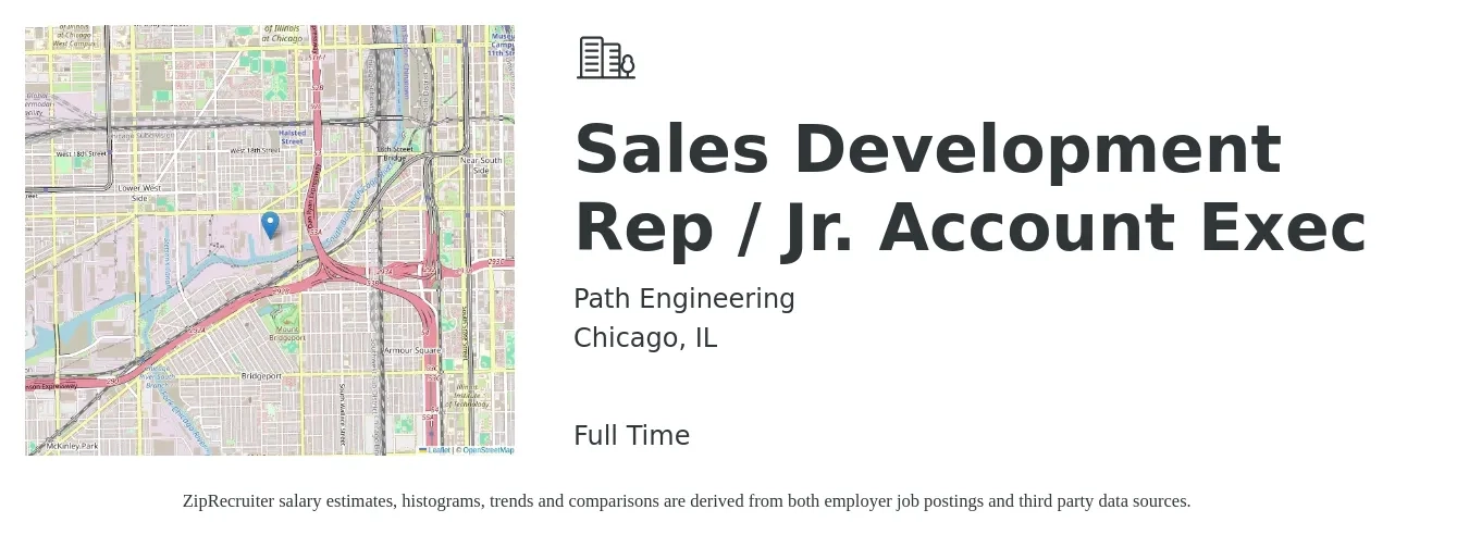 Path Engineering job posting for a Sales Development Rep / Jr. Account Exec in Chicago, IL with a salary of $54,100 to $71,600 Yearly with a map of Chicago location.