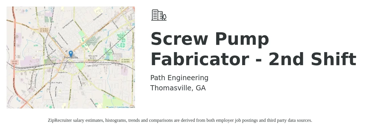 Path Engineering job posting for a Screw Pump Fabricator - 2nd Shift in Thomasville, GA with a salary of $16 to $20 Hourly with a map of Thomasville location.