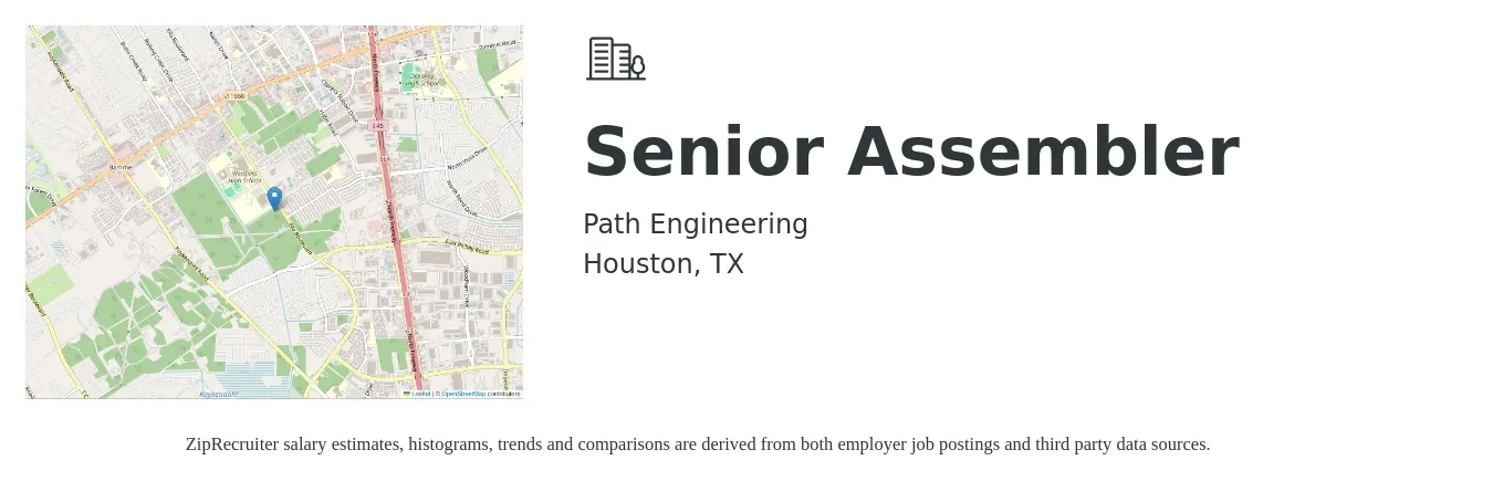 Path Engineering job posting for a Senior Assembler in Houston, TX with a salary of $99,300 to $158,500 Yearly with a map of Houston location.