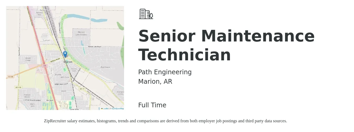 Path Engineering job posting for a Senior Maintenance Technician in Marion, AR with a salary of $21 to $29 Hourly with a map of Marion location.