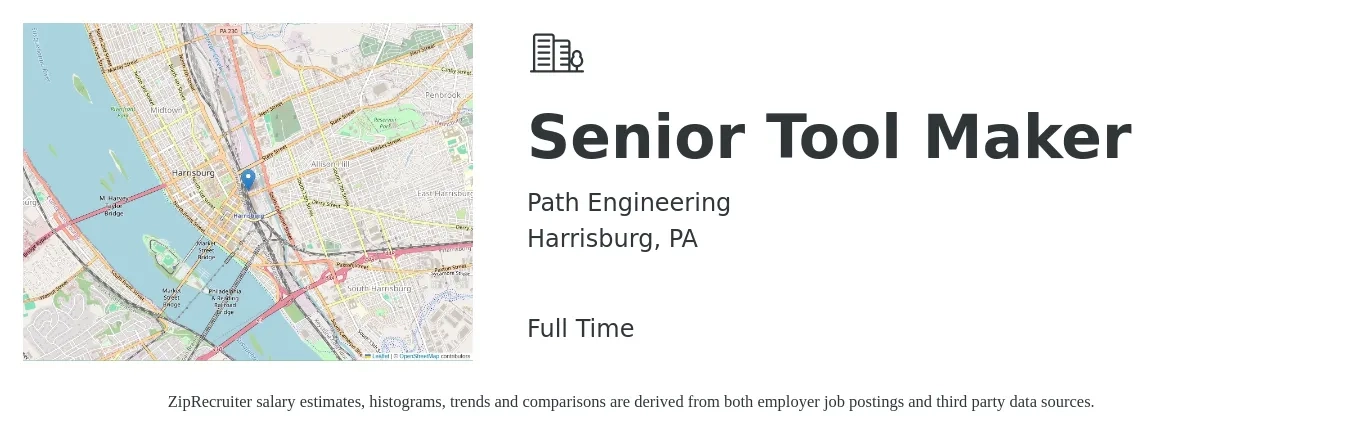 Path Engineering job posting for a Senior Tool Maker in Harrisburg, PA with a salary of $20 to $34 Hourly with a map of Harrisburg location.