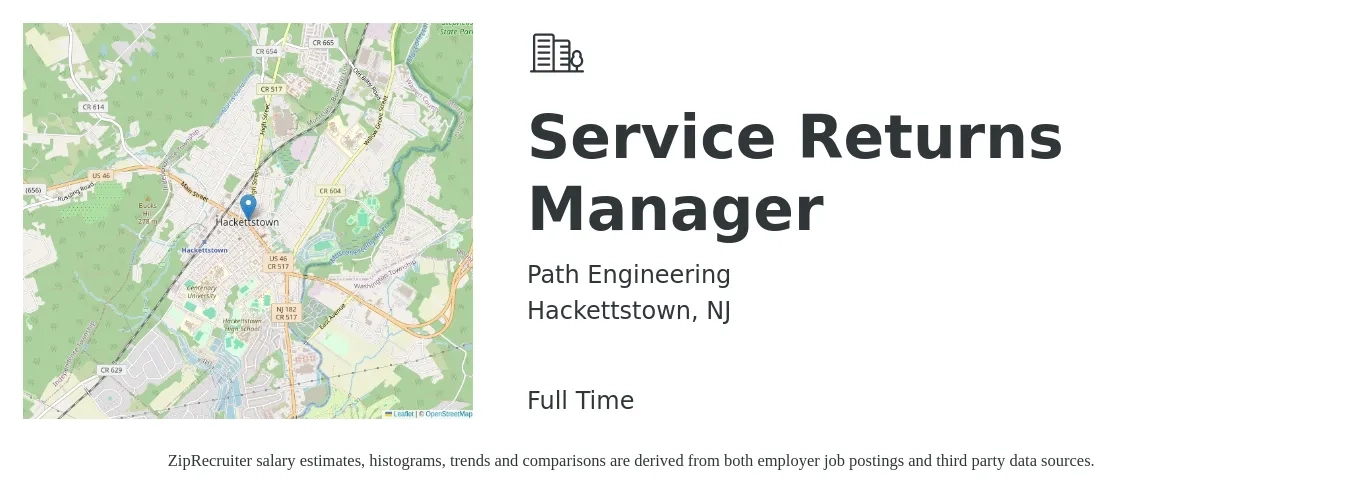 Path Engineering job posting for a Service Returns Manager in Hackettstown, NJ with a salary of $40,800 to $66,600 Yearly with a map of Hackettstown location.