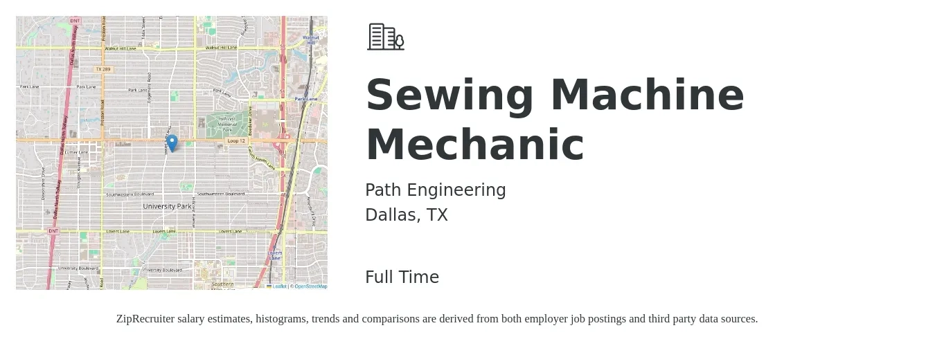 Path Engineering job posting for a Sewing Machine Mechanic in Dallas, TX with a salary of $20 to $28 Hourly with a map of Dallas location.