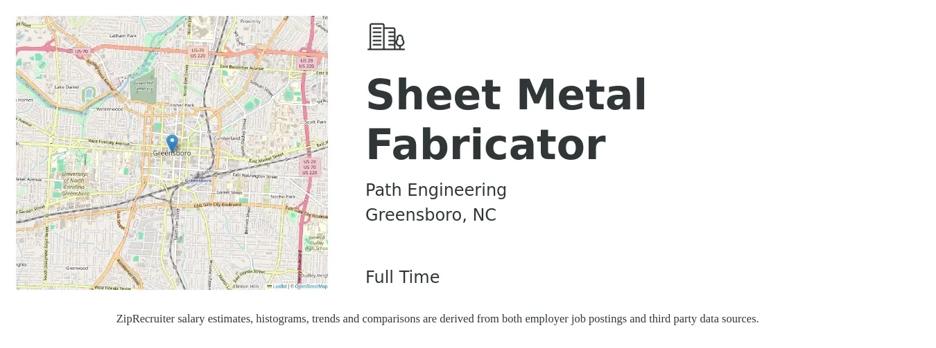 Path Engineering job posting for a Sheet Metal Fabricator in Greensboro, NC with a salary of $18 to $24 Hourly with a map of Greensboro location.
