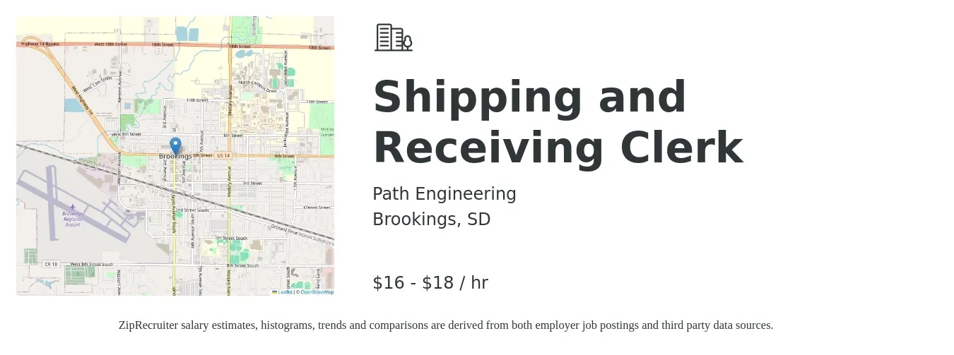 Path Engineering job posting for a Shipping and Receiving Clerk in Brookings, SD with a salary of $17 to $19 Hourly with a map of Brookings location.