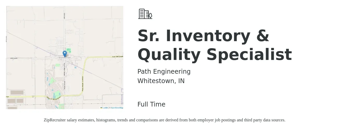 Path Engineering job posting for a Sr. Inventory & Quality Specialist in Whitestown, IN with a salary of $18 to $23 Hourly with a map of Whitestown location.