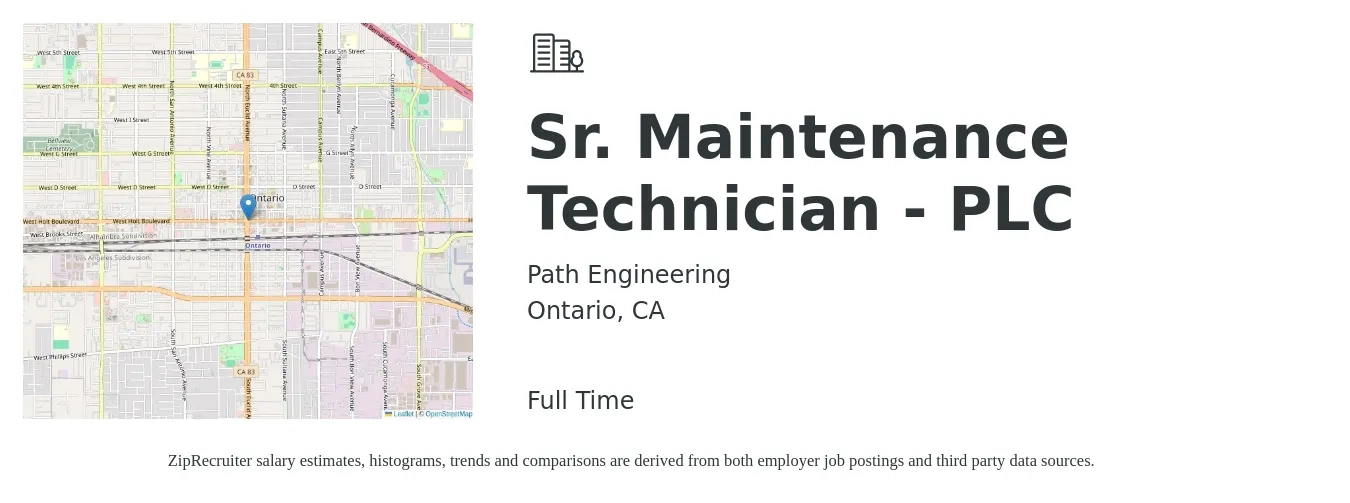 Path Engineering job posting for a Sr. Maintenance Technician - PLC in Ontario, CA with a salary of $24 to $34 Hourly with a map of Ontario location.