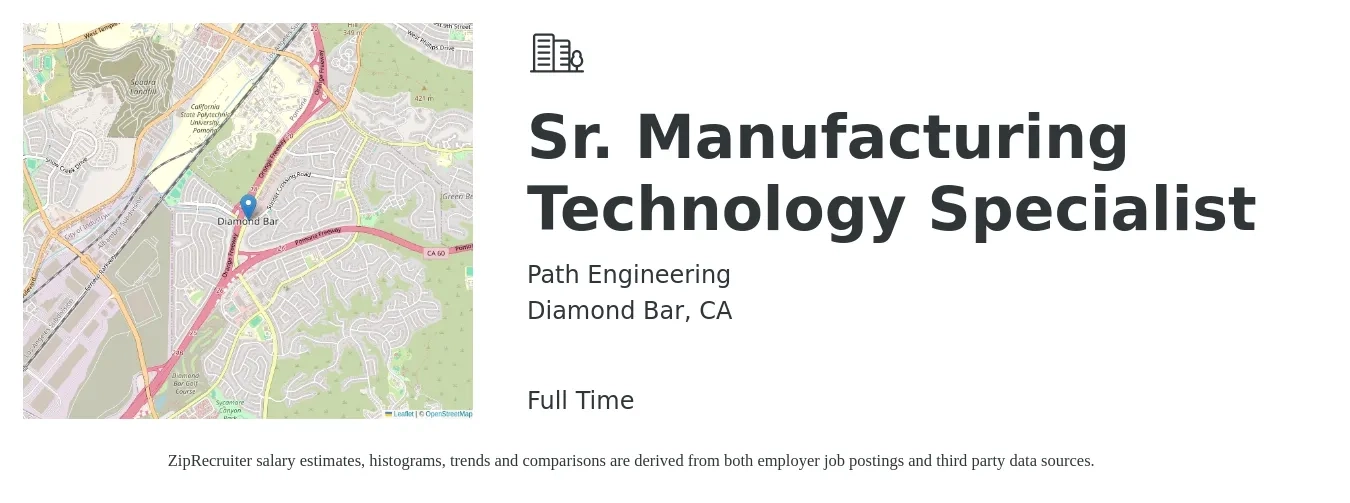 Path Engineering job posting for a Sr. Manufacturing Technology Specialist in Diamond Bar, CA with a salary of $84,337 to $122,289 Yearly with a map of Diamond Bar location.