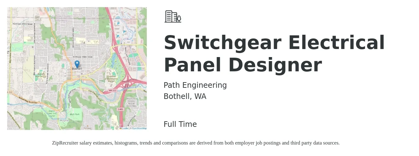 Path Engineering job posting for a Switchgear Electrical Panel Designer in Bothell, WA with a salary of $36 to $52 Hourly with a map of Bothell location.