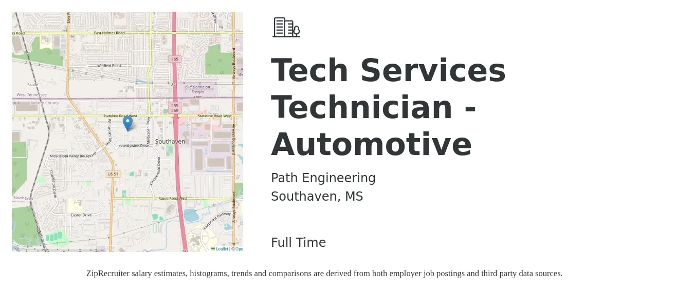 Path Engineering job posting for a Tech Services Technician - Automotive in Southaven, MS with a salary of $20 to $33 Hourly with a map of Southaven location.