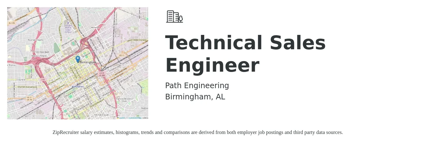 Path Engineering job posting for a Technical Sales Engineer in Birmingham, AL with a salary of $64,200 to $93,700 Yearly with a map of Birmingham location.
