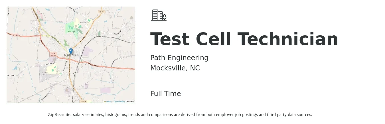 Path Engineering job posting for a Test Cell Technician in Mocksville, NC with a salary of $23 Hourly with a map of Mocksville location.