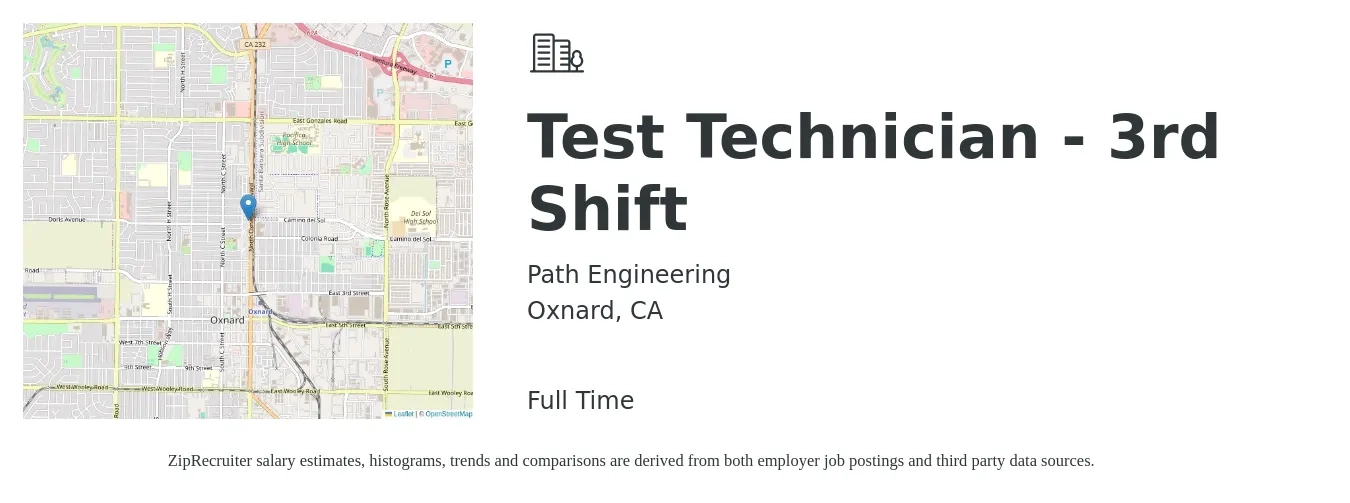 Path Engineering job posting for a Test Technician - 3rd Shift in Oxnard, CA with a salary of $41,000 to $68,000 Yearly with a map of Oxnard location.