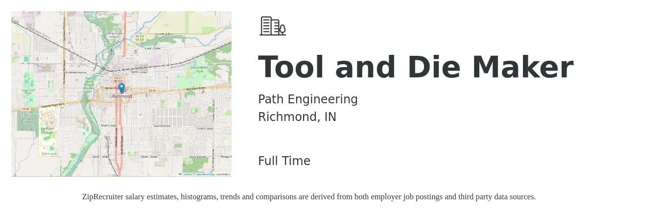 Path Engineering job posting for a Tool and Die Maker in Richmond, IN with a salary of $23 to $29 Hourly with a map of Richmond location.