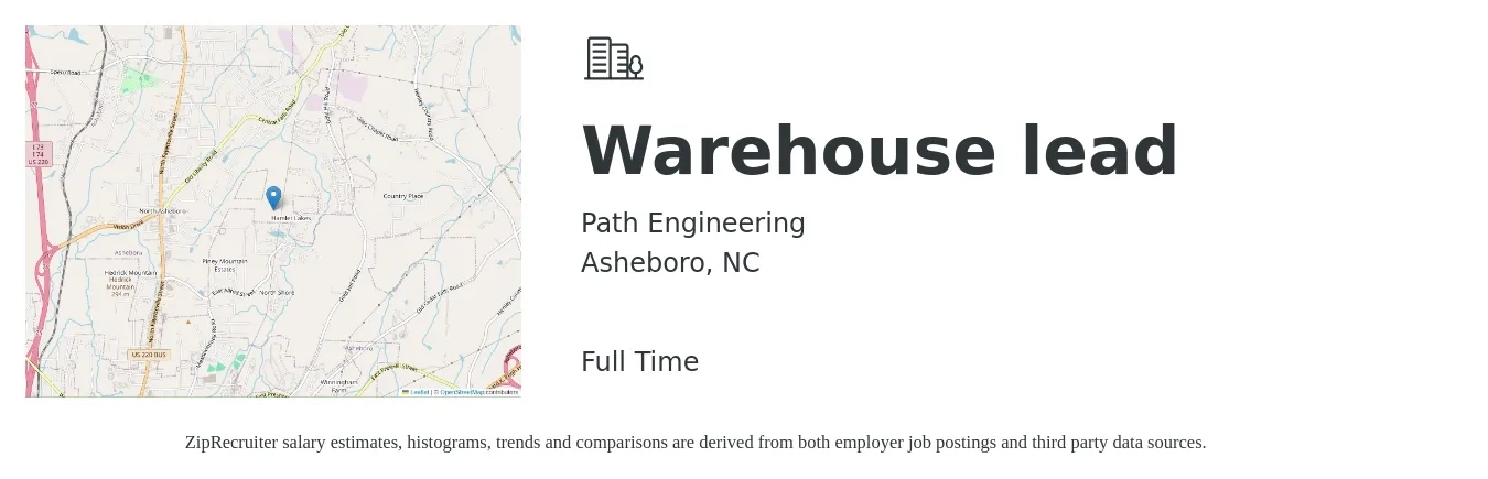 Path Engineering job posting for a Warehouse lead in Asheboro, NC with a salary of $16 to $21 Hourly with a map of Asheboro location.
