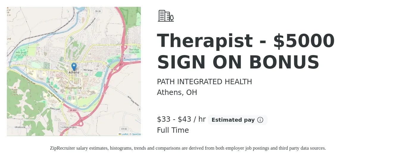 PATH INTEGRATED HEALTH job posting for a Therapist - $5000 SIGN ON BONUS in Athens, OH with a salary of $35 to $45 Hourly with a map of Athens location.