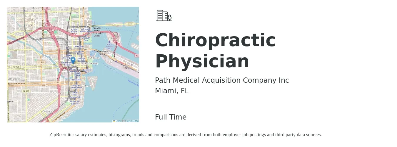 Path Medical Acquisition Company Inc job posting for a Chiropractic Physician in Miami, FL with a salary of $73,200 to $89,400 Yearly with a map of Miami location.