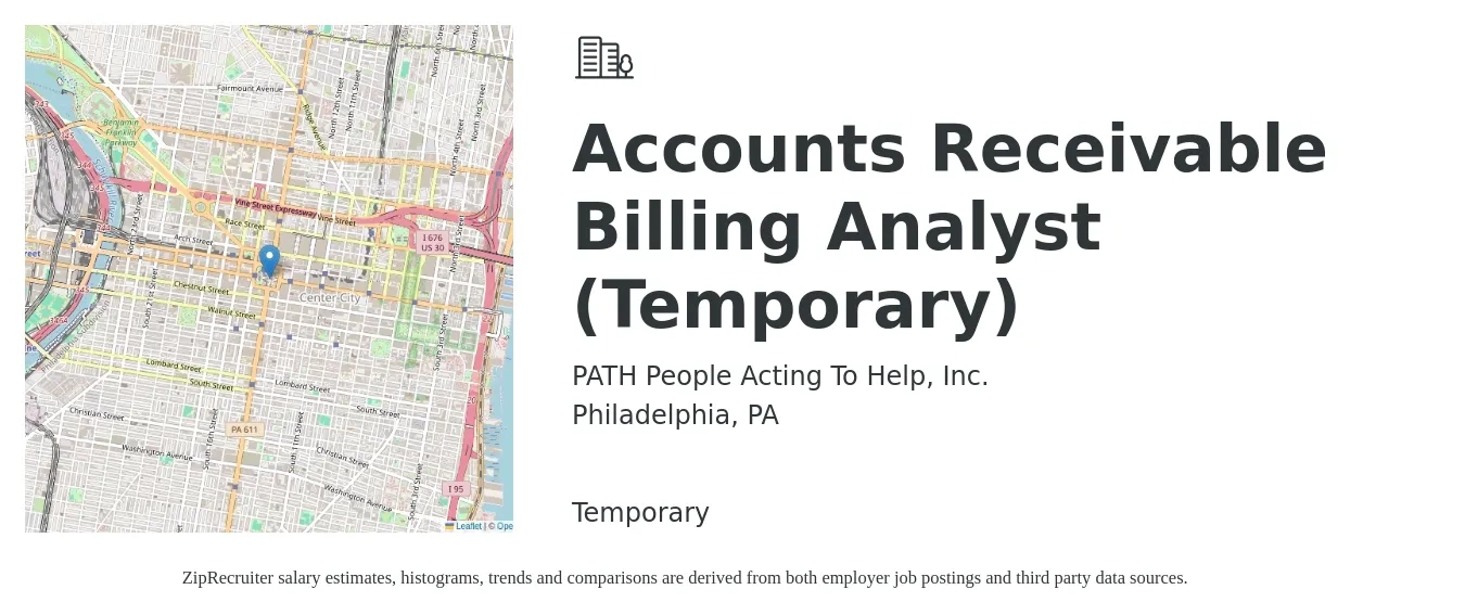 PATH People Acting To Help, Inc. job posting for a Accounts Receivable Billing Analyst (Temporary) in Philadelphia, PA with a salary of $47,200 to $62,900 Yearly with a map of Philadelphia location.