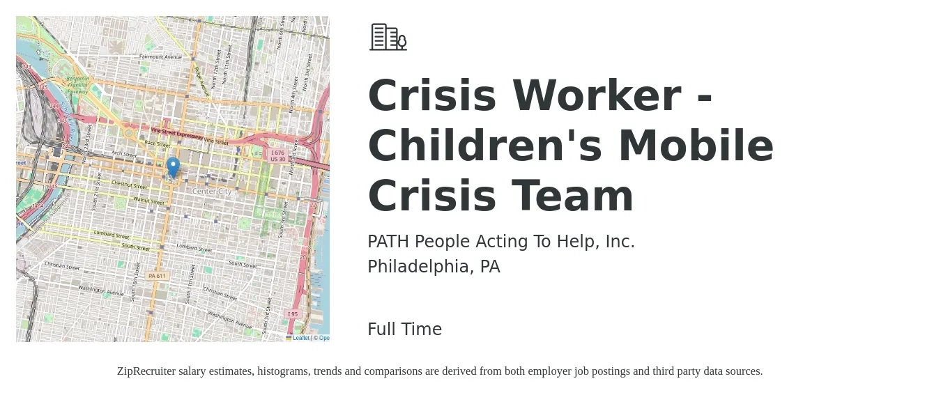 PATH People Acting To Help, Inc. job posting for a Crisis Worker - Children's Mobile Crisis Team in Philadelphia, PA with a salary of $18 to $24 Hourly with a map of Philadelphia location.