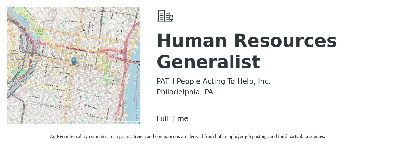 PATH People Acting To Help, Inc. job posting for a Human Resources Generalist in Philadelphia, PA with a salary of $51,100 to $72,800 Yearly with a map of Philadelphia location.