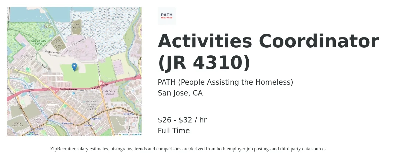 PATH (People Assisting the Homeless) job posting for a Activities Coordinator (JR 4310) in San Jose, CA with a salary of $28 to $34 Hourly with a map of San Jose location.