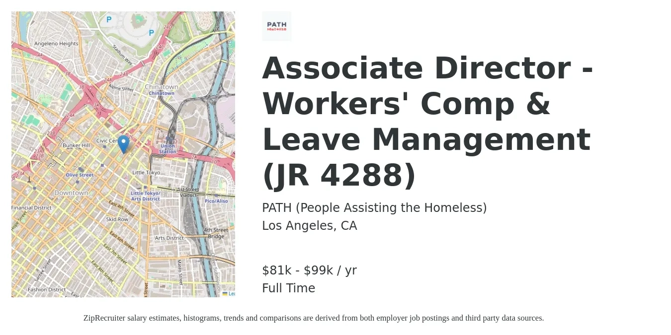 PATH (People Assisting the Homeless) job posting for a Associate Director - Workers' Comp & Leave Management (JR 4288) in Los Angeles, CA with a salary of $81,203 to $99,474 Yearly with a map of Los Angeles location.