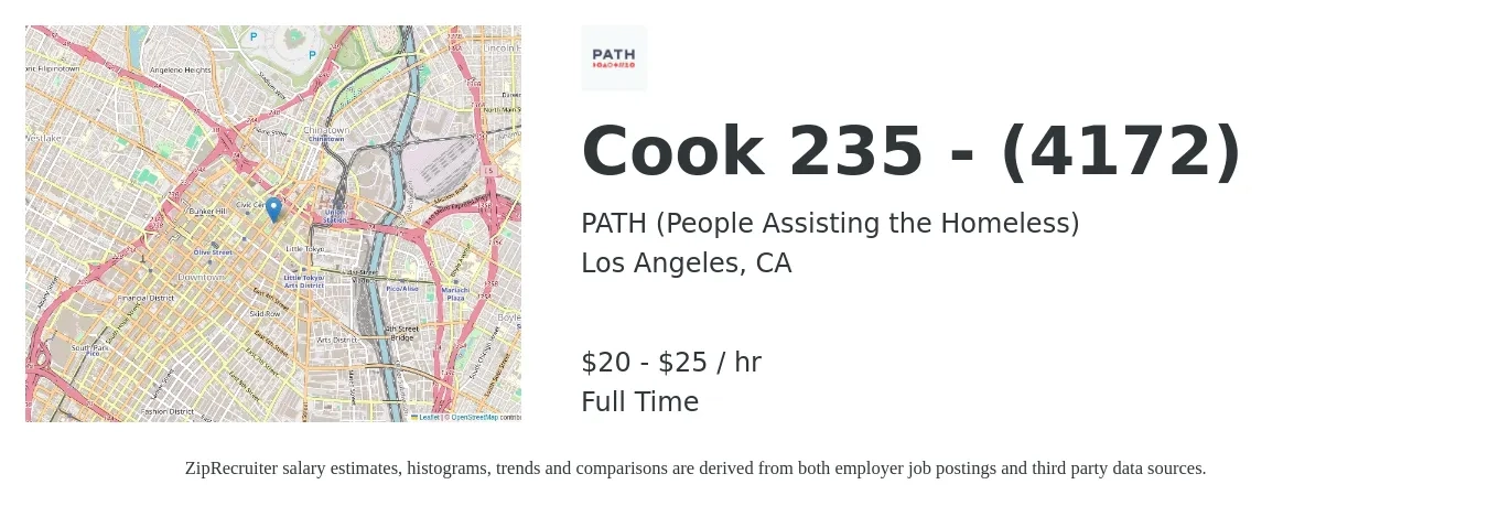 PATH (People Assisting the Homeless) job posting for a Cook 235 - (4172) in Los Angeles, CA with a salary of $22 to $26 Hourly with a map of Los Angeles location.