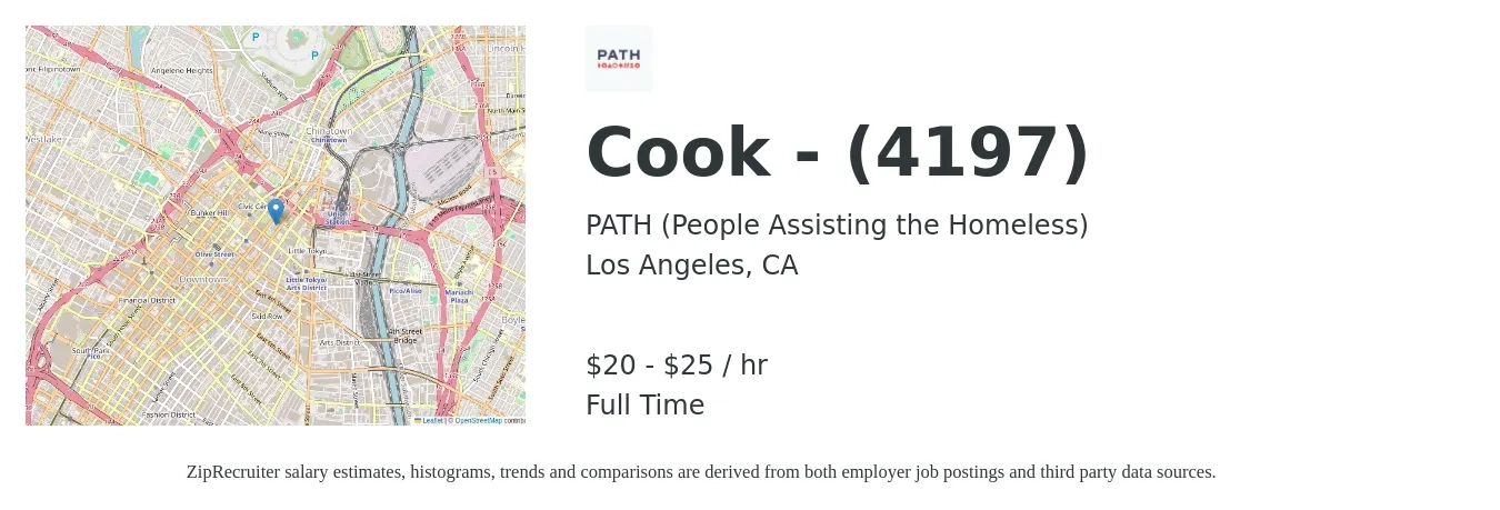 PATH (People Assisting the Homeless) job posting for a Cook - (4197) in Los Angeles, CA with a salary of $22 to $26 Hourly with a map of Los Angeles location.