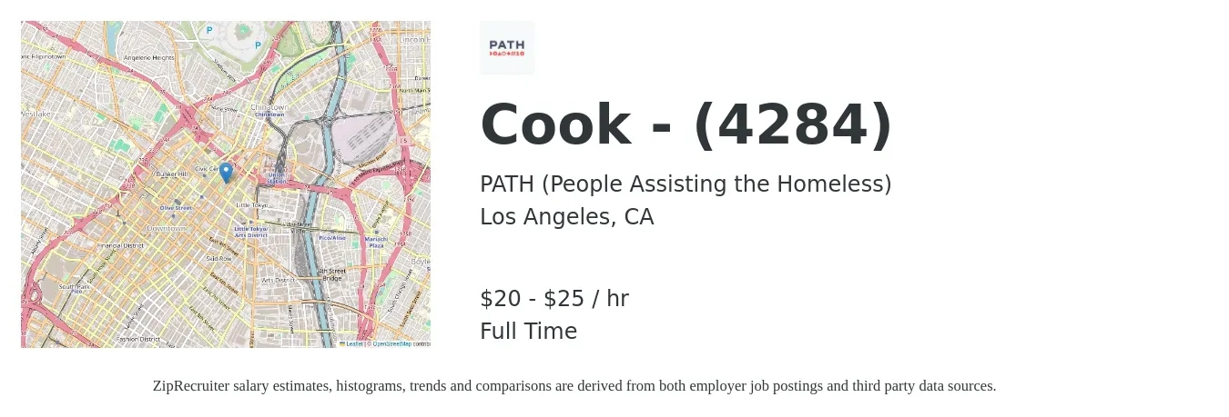 PATH (People Assisting the Homeless) job posting for a Cook - (4284) in Los Angeles, CA with a salary of $22 to $26 Hourly with a map of Los Angeles location.