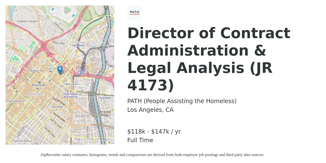 PATH (People Assisting the Homeless) job posting for a Director of Contract Administration & Legal Analysis (JR 4173) in Los Angeles, CA with a salary of $118,158 to $147,698 Yearly with a map of Los Angeles location.