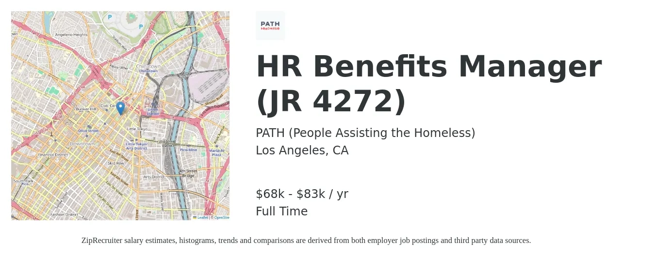 PATH (People Assisting the Homeless) job posting for a HR Benefits Manager (JR 4272) in Los Angeles, CA with a salary of $68,831 to $83,595 Yearly with a map of Los Angeles location.