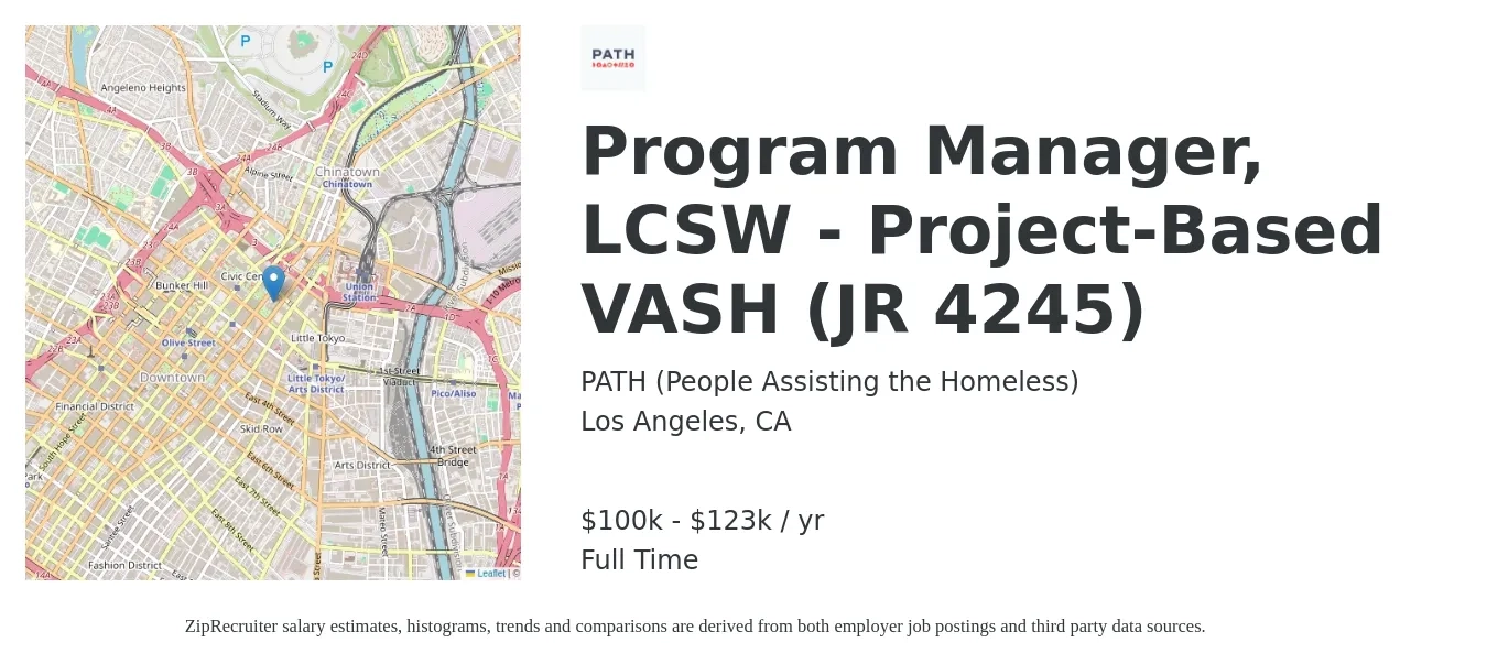 PATH (People Assisting the Homeless) job posting for a Program Manager, LCSW - Project-Based VASH (JR 4245) in Los Angeles, CA with a salary of $100,327 to $123,603 Yearly with a map of Los Angeles location.
