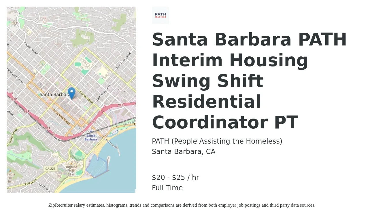 PATH (People Assisting the Homeless) job posting for a Santa Barbara PATH Interim Housing Swing Shift Residential Coordinator PT in Santa Barbara, CA with a salary of $22 to $26 Hourly with a map of Santa Barbara location.