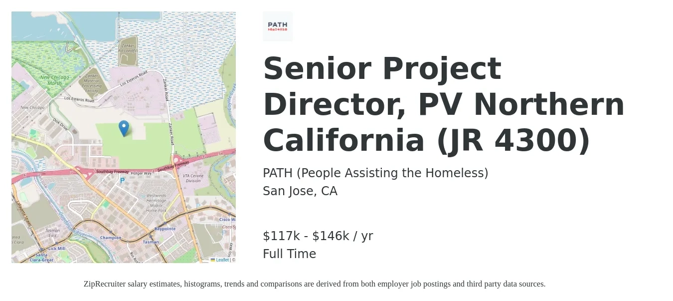 PATH (People Assisting the Homeless) job posting for a Senior Project Director, PV Northern California (JR 4300) in San Jose, CA with a salary of $117,333 to $146,667 Yearly with a map of San Jose location.