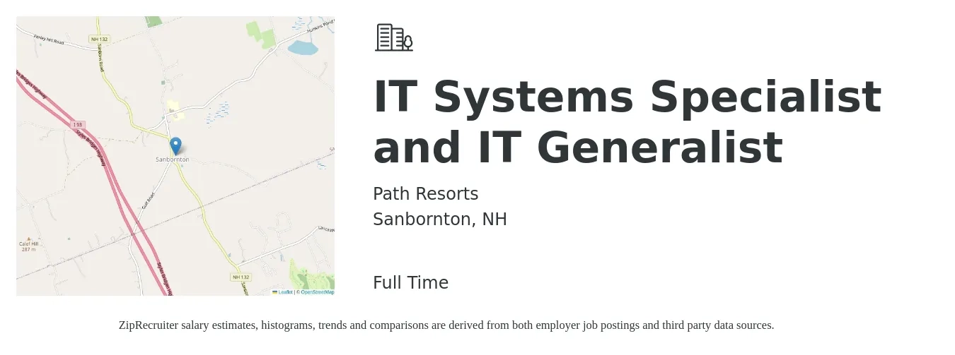 Path Resorts job posting for a IT Systems Specialist and IT Generalist in Sanbornton, NH with a salary of $57,600 to $79,900 Yearly with a map of Sanbornton location.